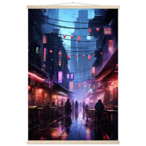 Cyberpunk Market Sci-Fi Art Print with Hanger - 60x90 cm / 24x36″, Natural wood wall hanger