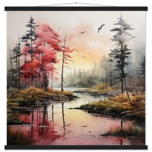 Red Lake Sunset - Watercolor Landscape Print with Hanger - 70x70 cm / 28x28″, Black wall hanger