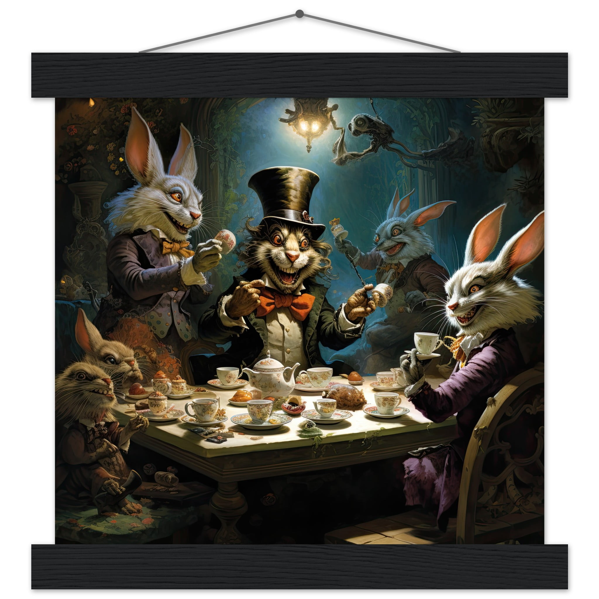 Mad Hatter’s Tea Party Art Print with Hanger – 25×25 cm / 10×10″, Black wall hanger