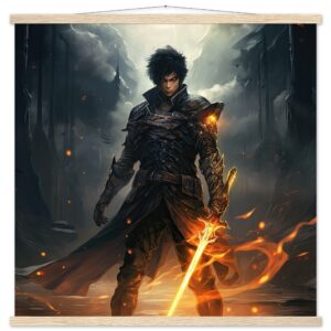 Male Anime Character - Flaming Sword - Art Print with Hanger - 70x70 cm / 28x28″, Natural wood wall hanger