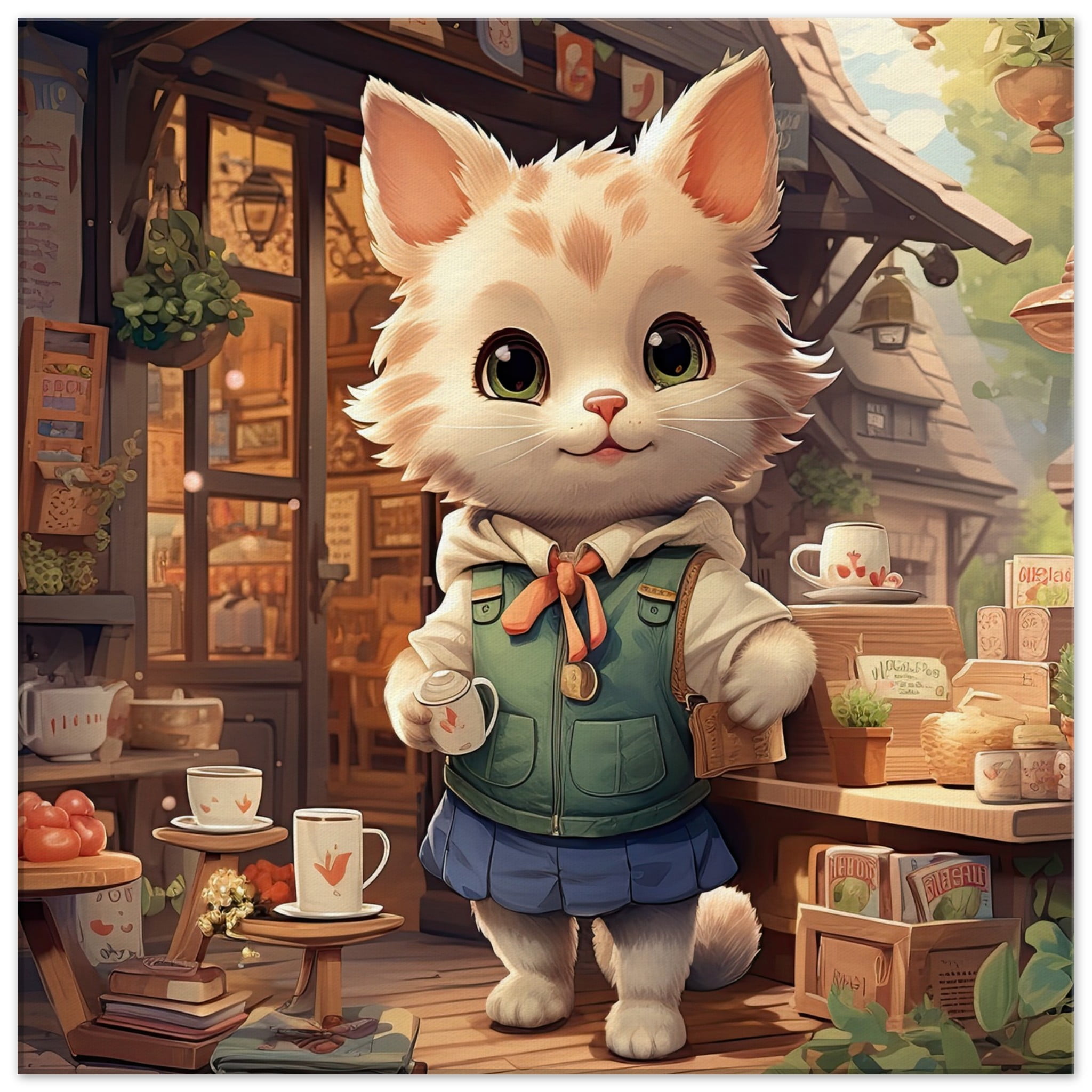 Cute Kitten Coffee Shop Canvas Print – 60×60 cm / 24×24″, Slim