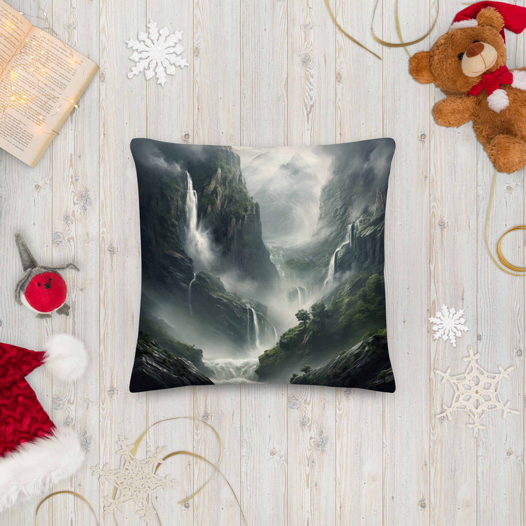 Mountain Waterfalls Premium Throw Pillow – 18×18