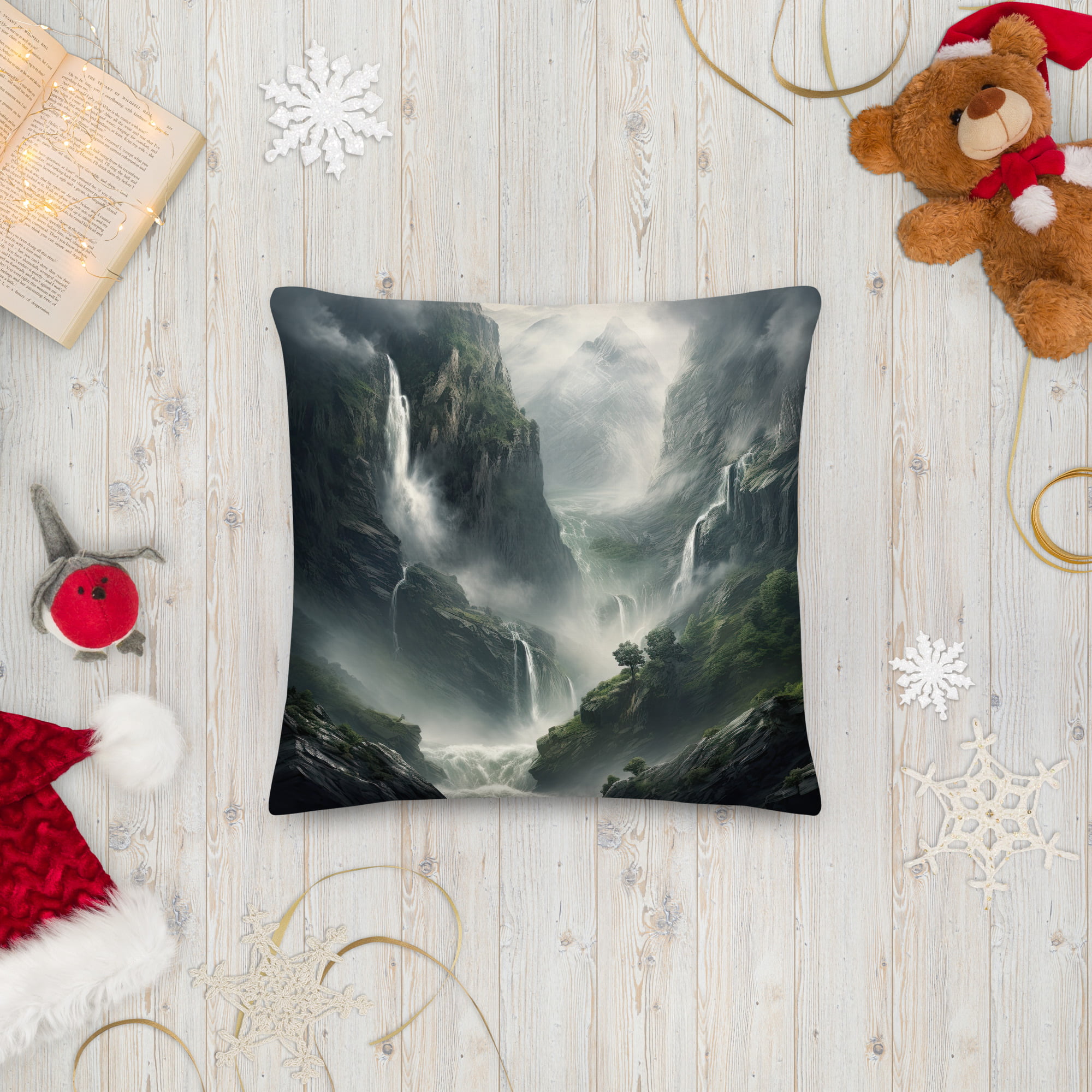 Mountain Waterfalls Premium Throw Pillow - 18×18