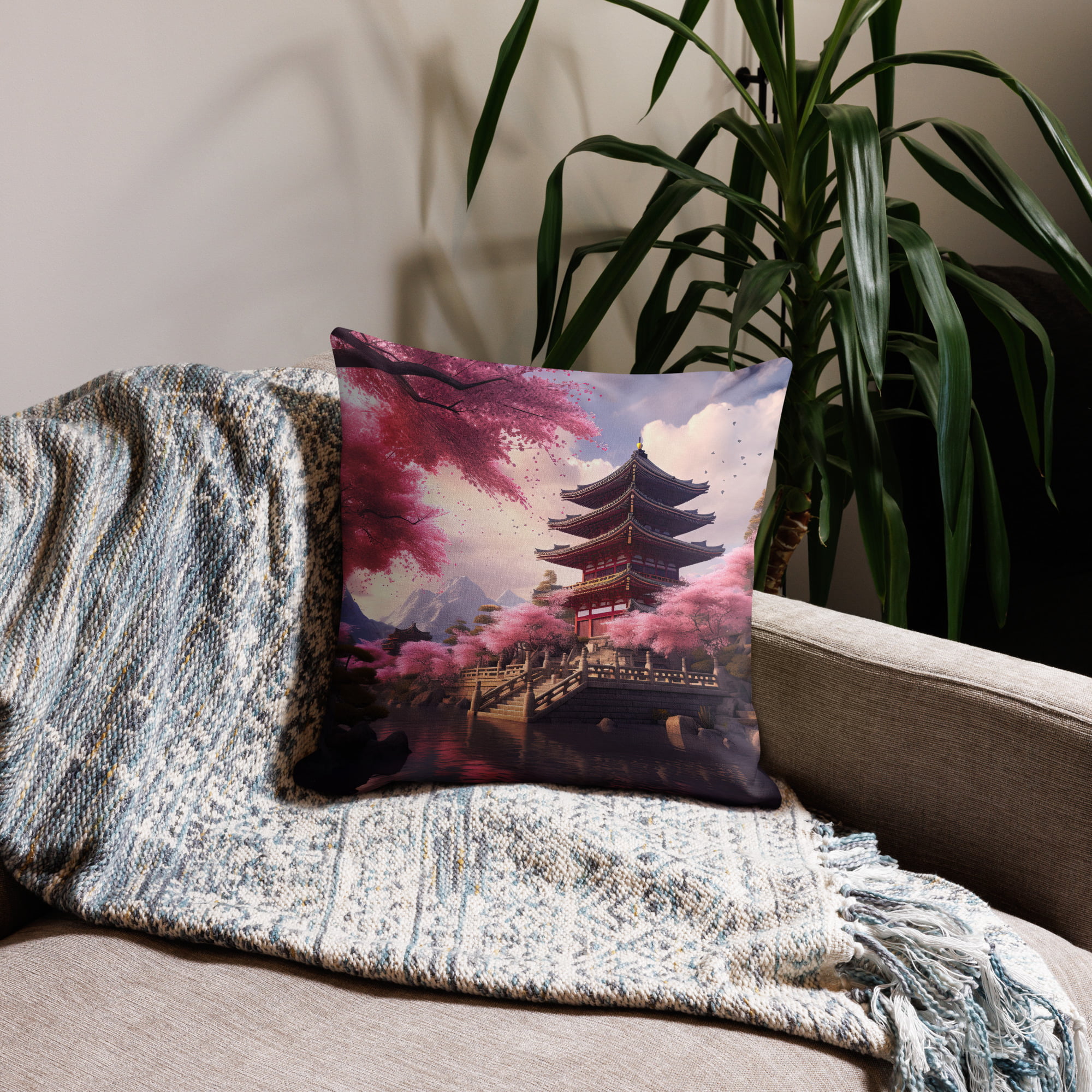 Cherry Blossom Temple Premium Pillow – 18×18