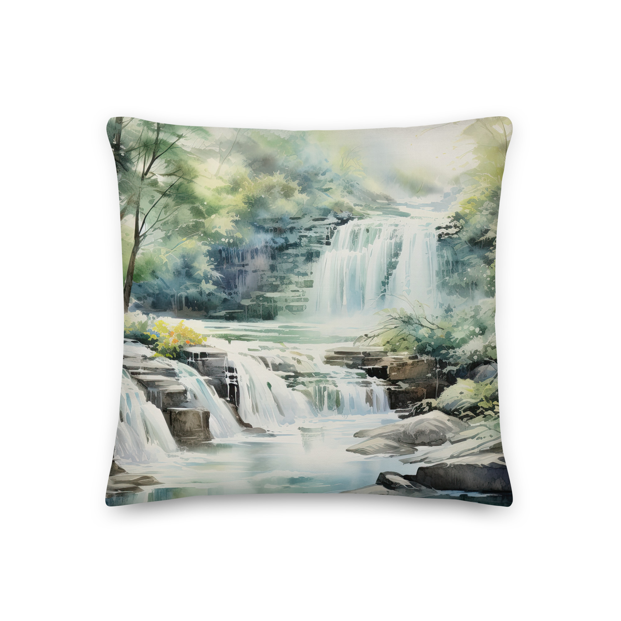 Serene Waterfall in Watercolor Throw Pillow - 18×18