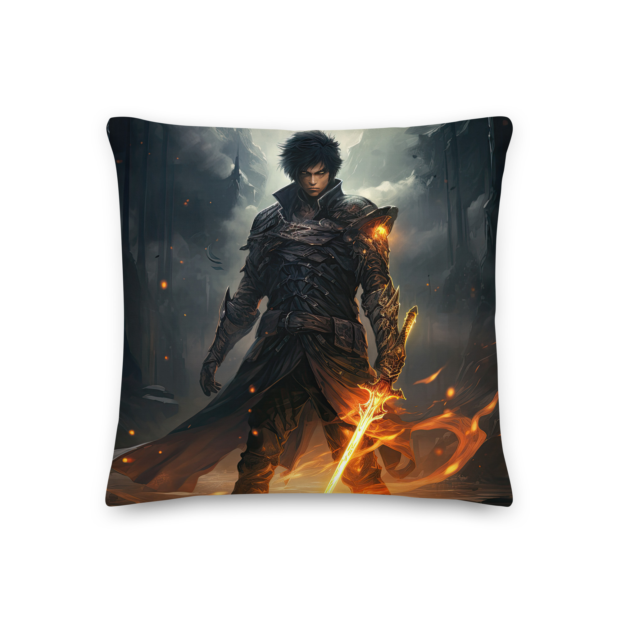 Male Anime Character – Flaming Sword Throw Pillow – 18×18