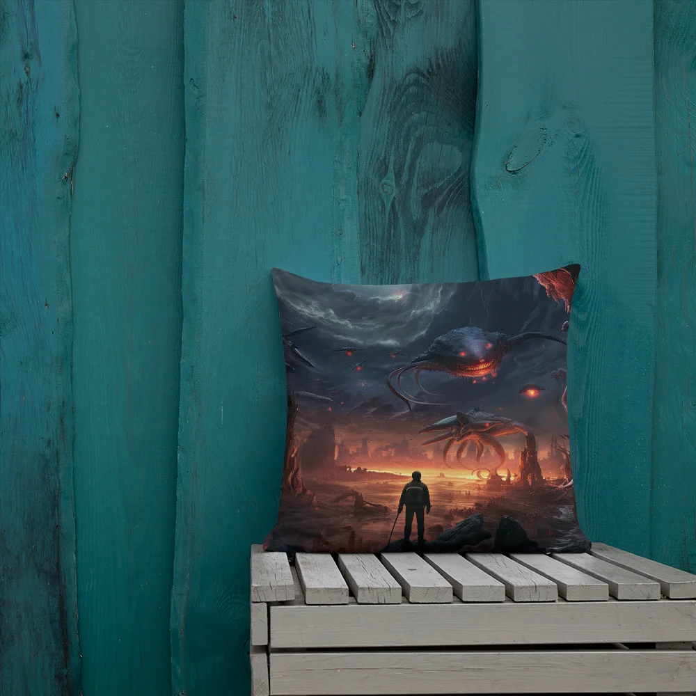 There Be Monsters Sci-fi Premium Pillow – 18×18