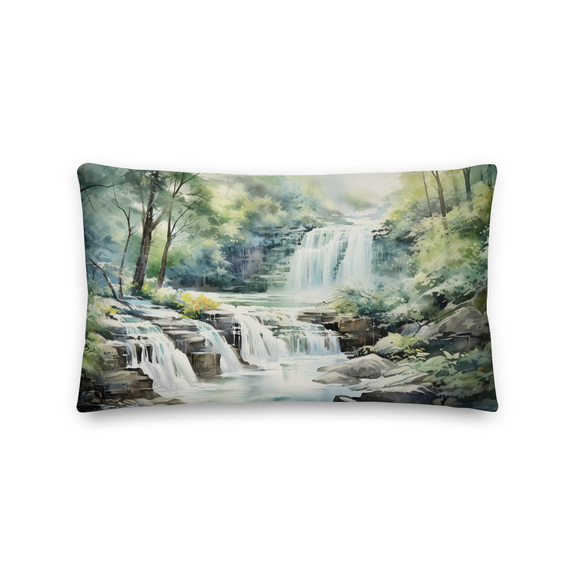Serene Waterfall in Watercolor Throw Pillow – 20×12
