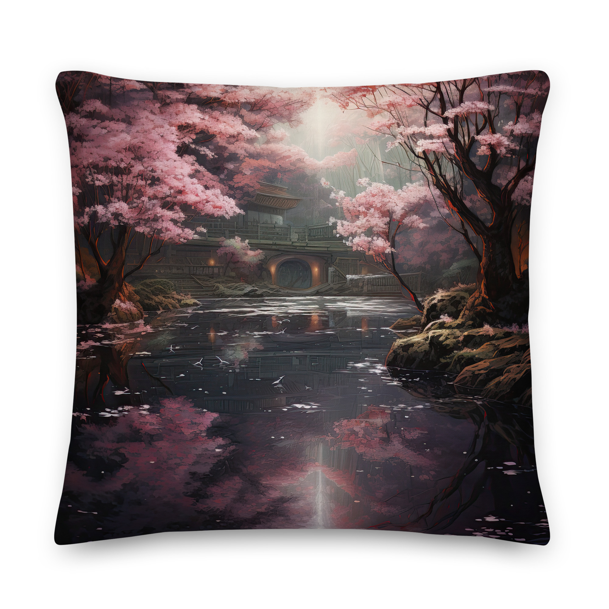 Secret Cherry Blossom Temple Throw Pillow – 22×22