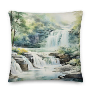Serene Waterfall in Watercolor Throw Pillow - 22×22