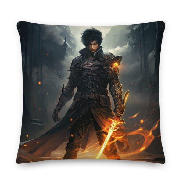 Male Anime Character – Flaming Sword Throw Pillow - 22×22