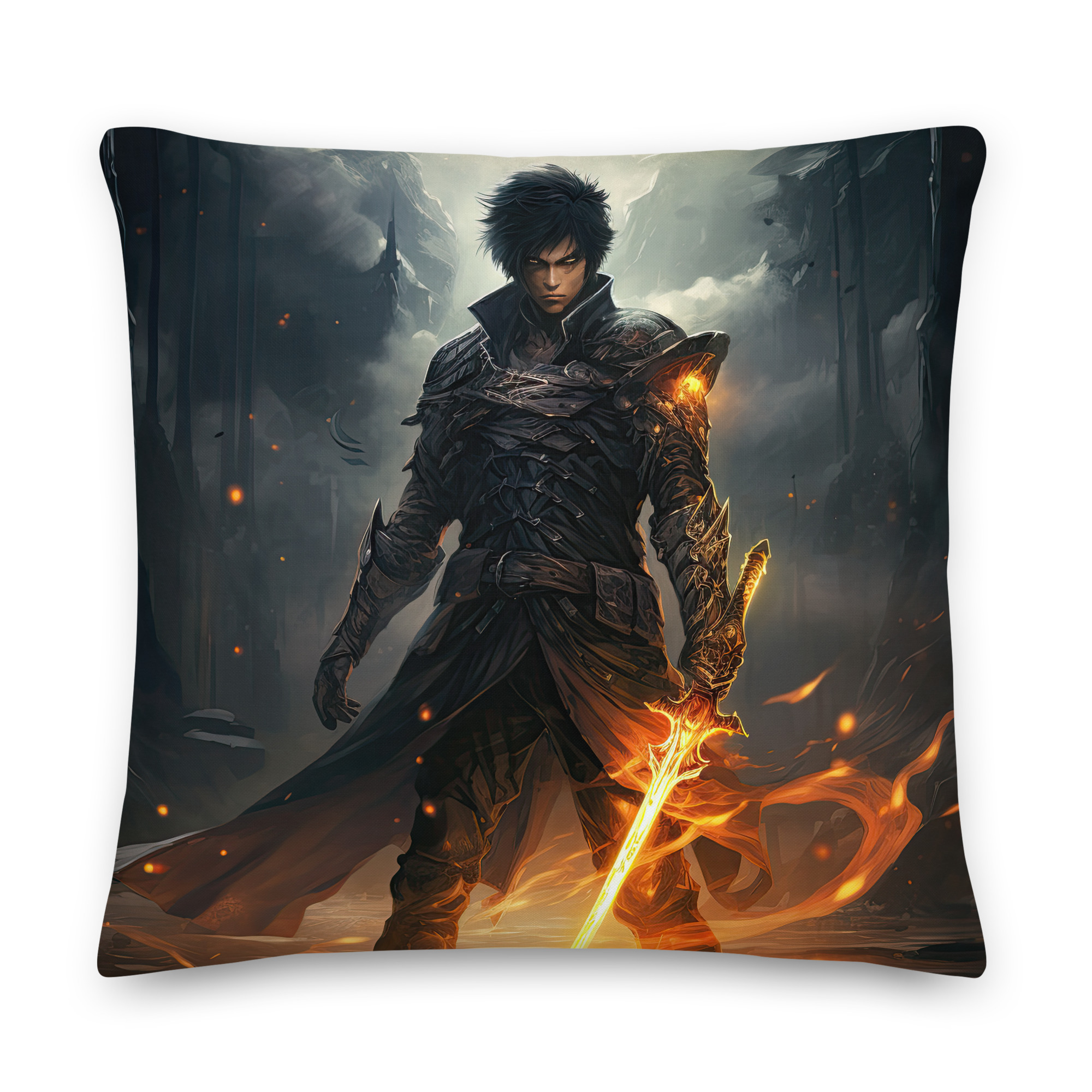 Male Anime Character – Flaming Sword Throw Pillow – 22×22
