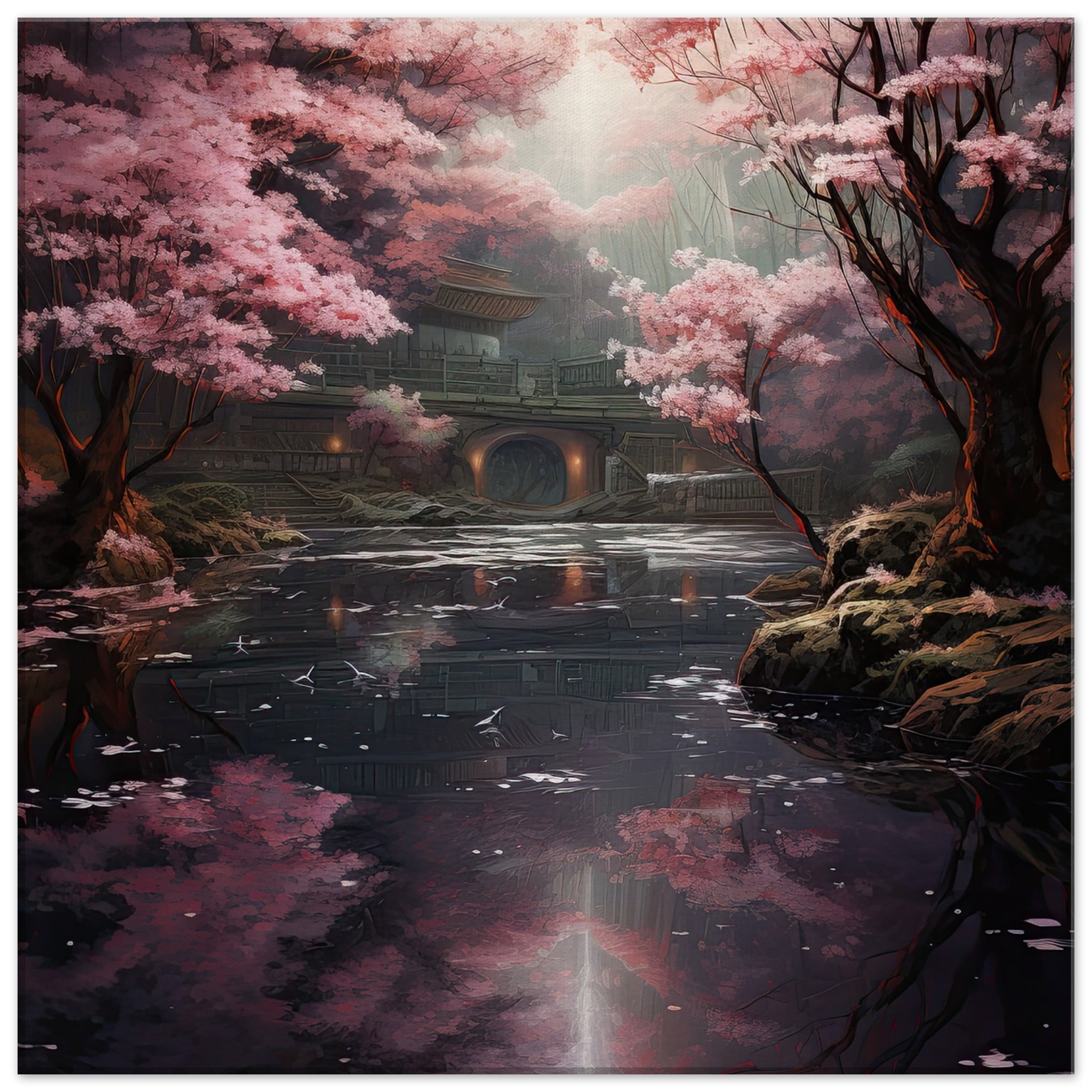 Secret Cherry Blossom Temple Canvas Print – 50×50 cm / 20×20″, Slim