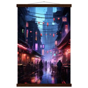 Cyberpunk Market Sci-Fi Art Print with Hanger - 40x60 cm / 16x24″, Dark wood wall hanger