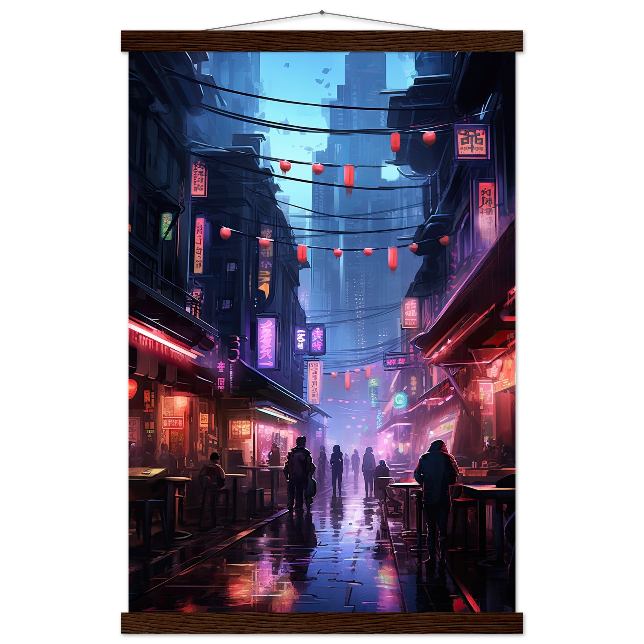 Cyberpunk Market Sci-Fi Art Print with Hanger – 40×60 cm / 16×24″, Dark wood wall hanger