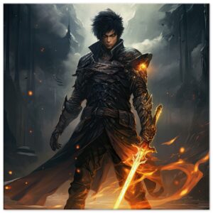 Male Anime Character - Flaming Sword - Canvas Print - 60x60 cm / 24x24″, Slim