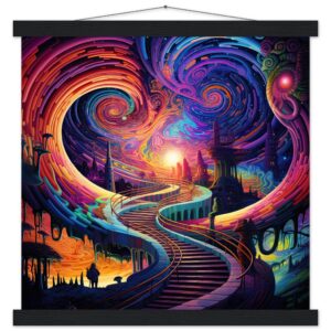 Trippy Colorful Adventure Art Print with Hanger - 40x40 cm / 16x16″, Black wall hanger