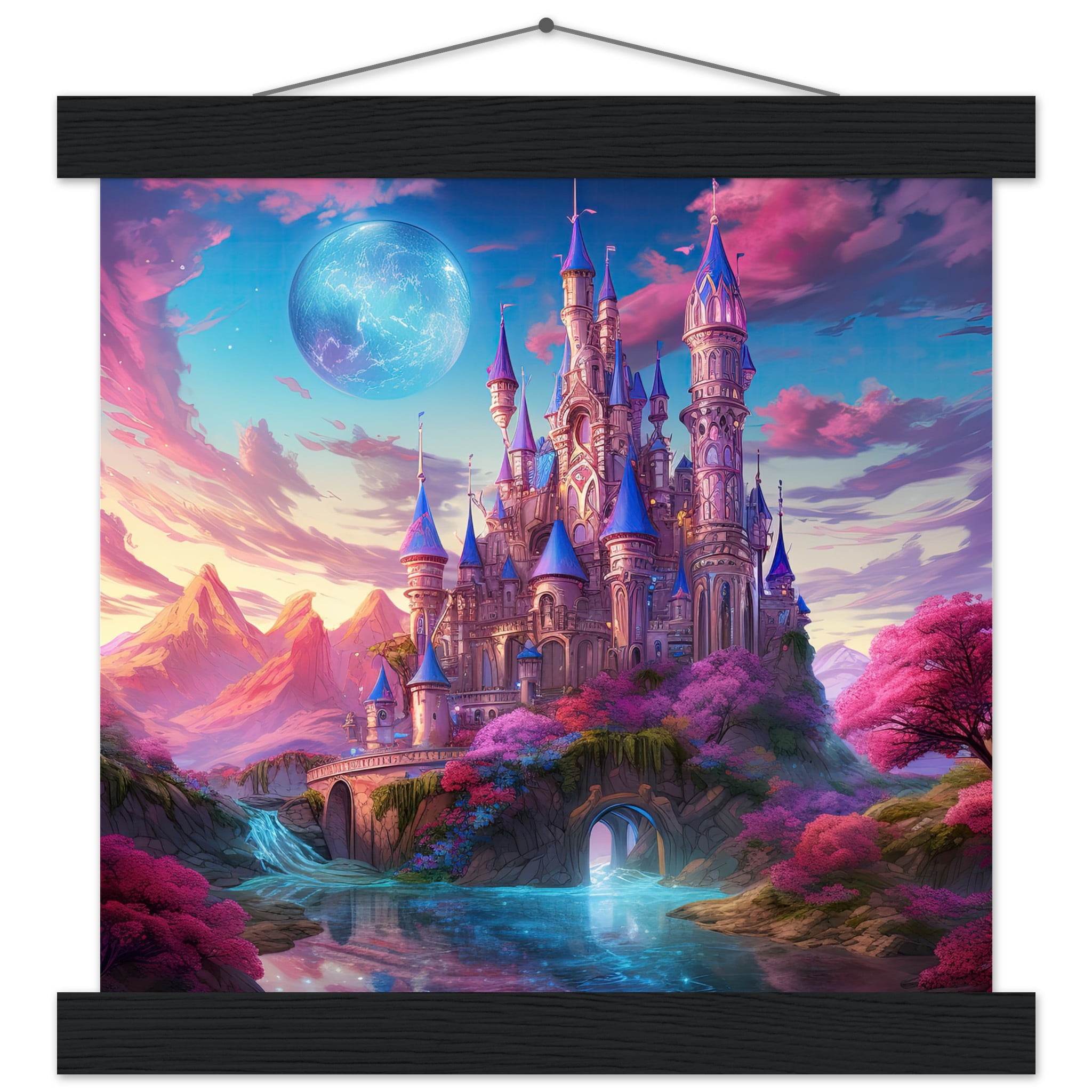 Colorful Fairy Tale Castle Art Print with Hanger – 25×25 cm / 10×10″, Black wall hanger