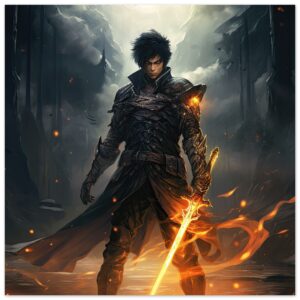 Male Anime Character - Flaming Sword - Art Poster - 45x45 cm / 18x18″