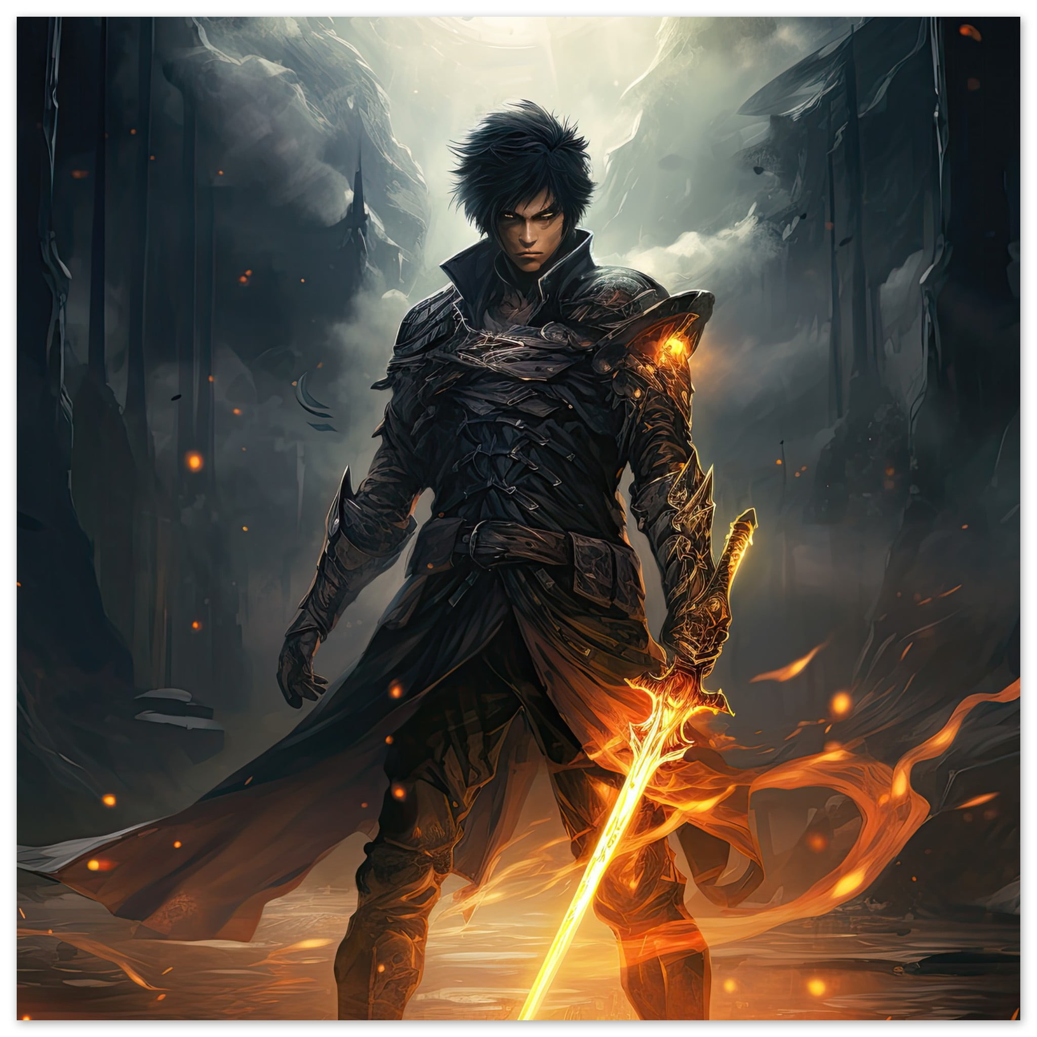 Male Anime Character – Flaming Sword – Art Poster – 45×45 cm / 18×18″