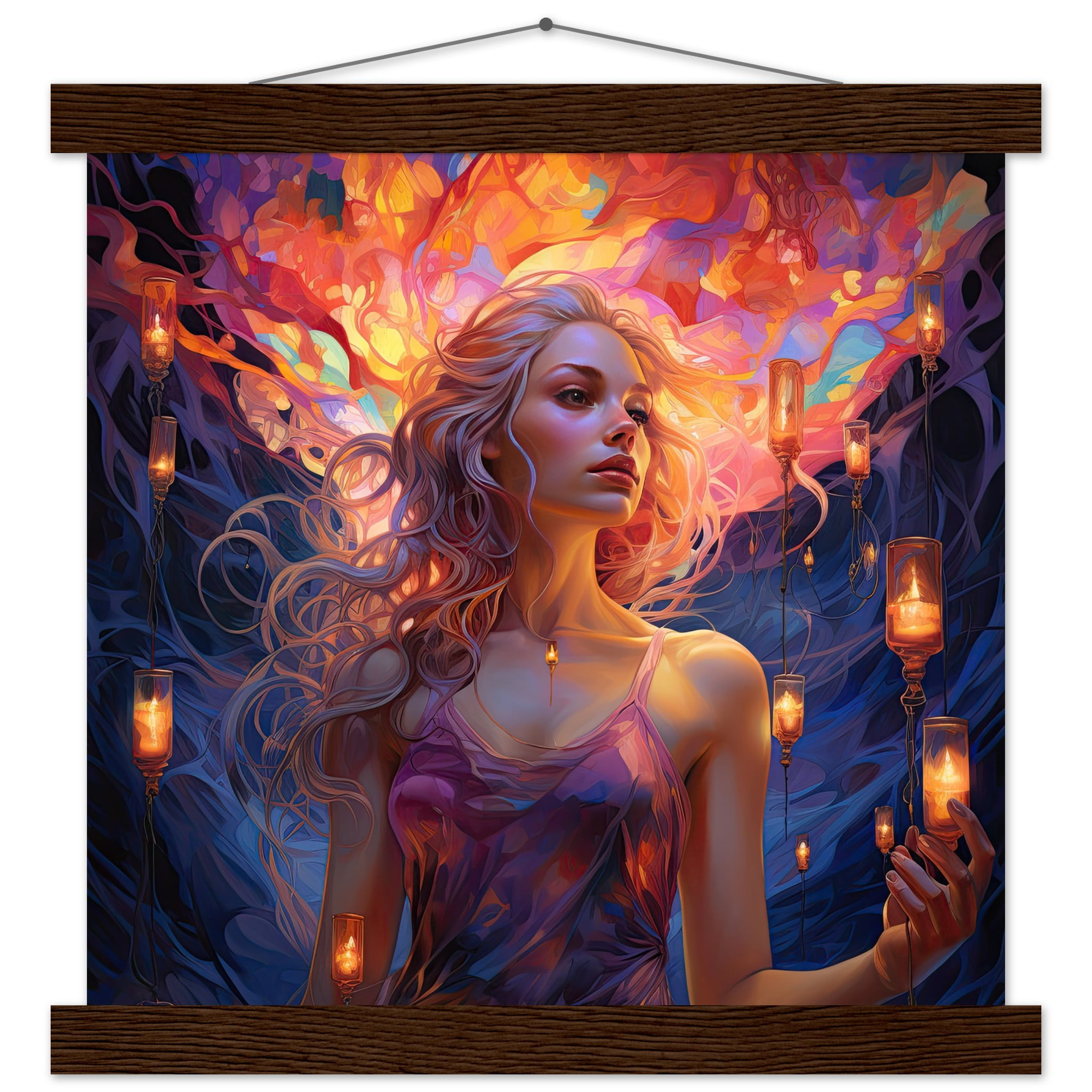 Lovely Lanterns and Colors Art Print with Hanger – 30×30 cm / 12×12″, Dark wood wall hanger