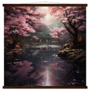 Secret Cherry Blossom Temple Art Print with Hanger - 70x70 cm / 28x28″, Dark wood wall hanger