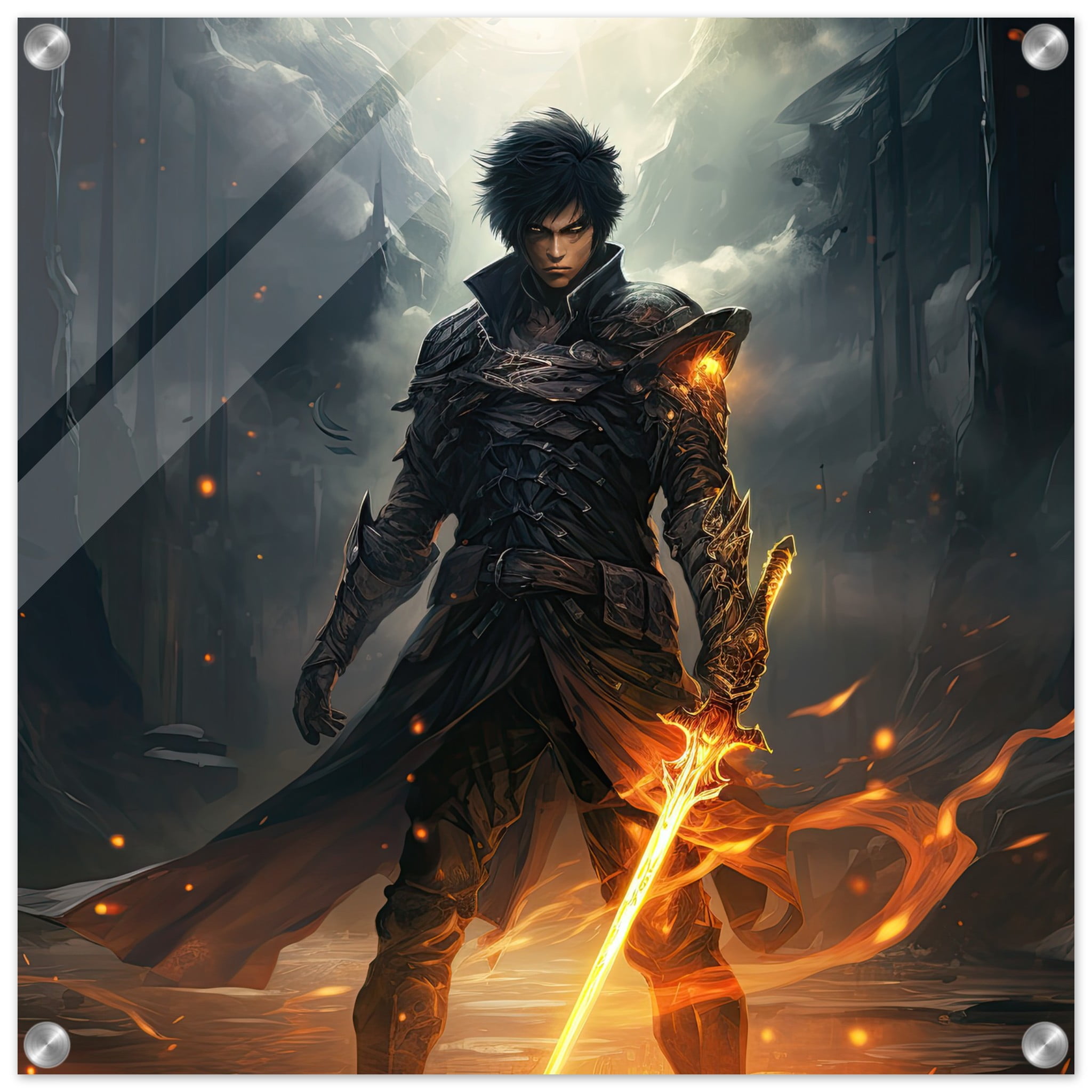 Male Anime Character – Flaming Sword – Acrylic Print – 50×50 cm / 20×20″