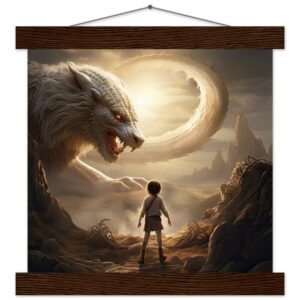 The Boy and the Chimera Art Print with Hanger - 25x25 cm / 10x10″, Dark wood wall hanger