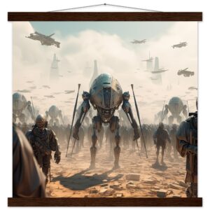 Future War Sci-Fi Art Print with Hanger - 45x45 cm / 18x18″, Dark wood wall hanger