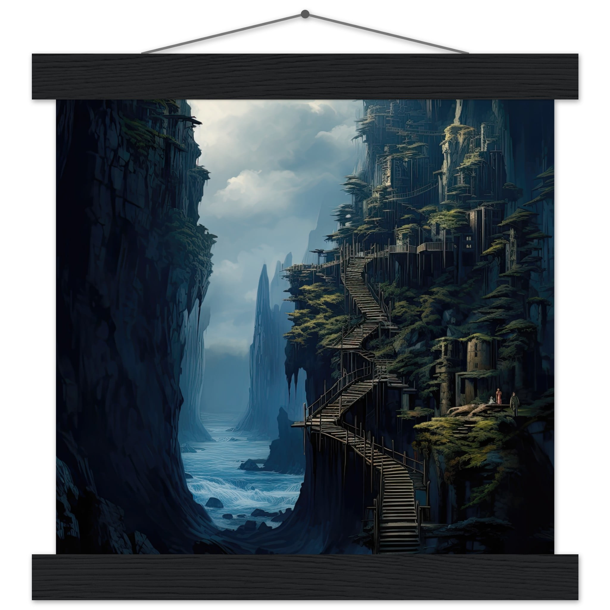 Cliffside Kingdom Landscape Art Print with Hanger – 25×25 cm / 10×10″, Black wall hanger