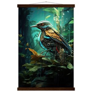 Robotic Bird - Nature - Art Print with Hanger - 40x60 cm / 16x24″, Dark wood wall hanger