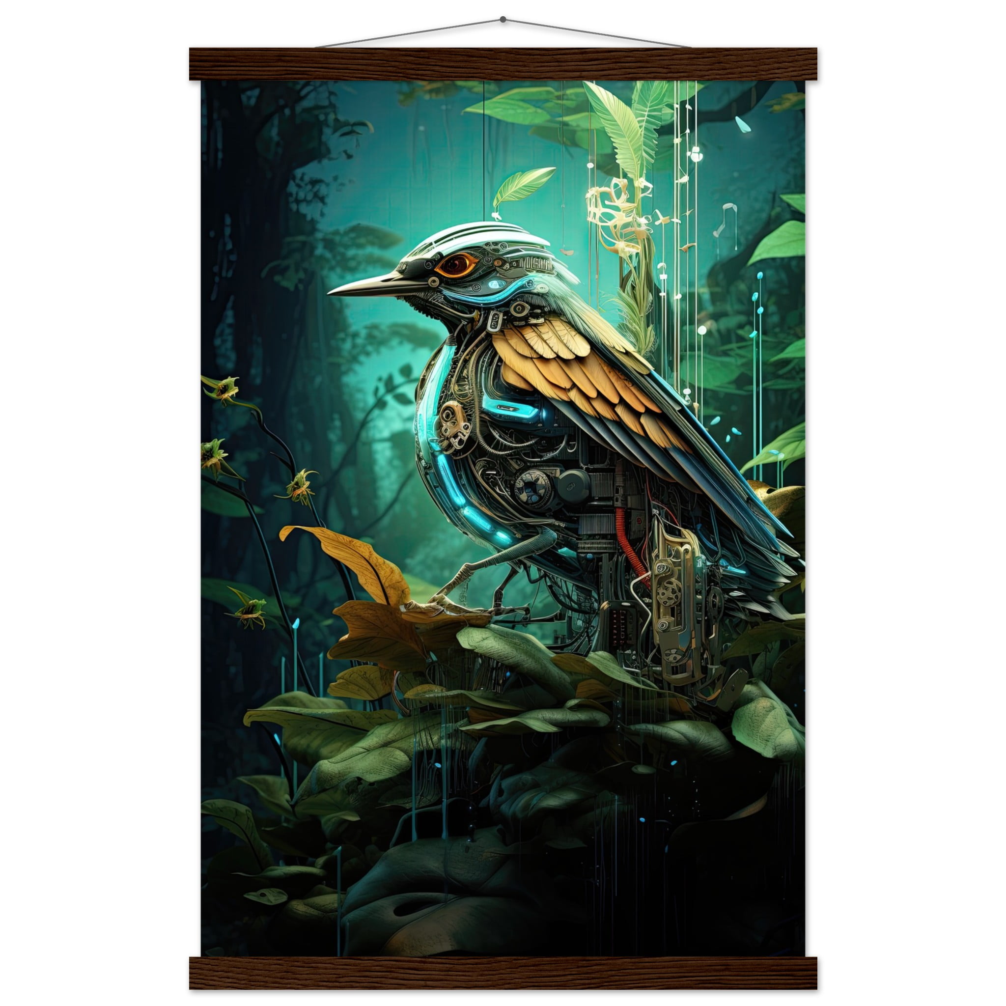 Robotic Bird – Nature – Art Print with Hanger – 40×60 cm / 16×24″, Dark wood wall hanger