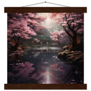 Secret Cherry Blossom Temple Art Print with Hanger - 30x30 cm / 12x12″, Dark wood wall hanger