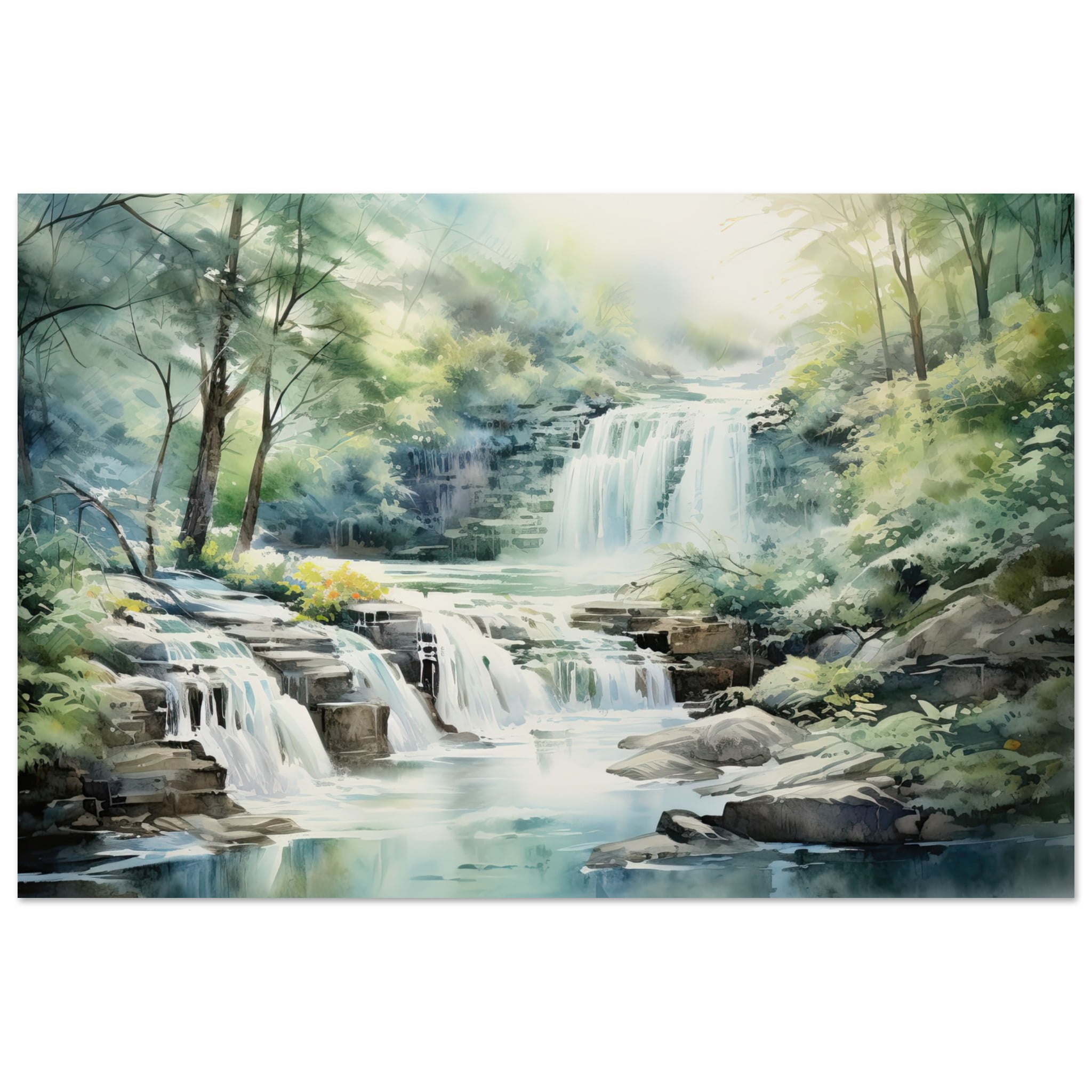 Serene Waterfall in Watercolor Metal Print – 20×30 cm / 8×12″