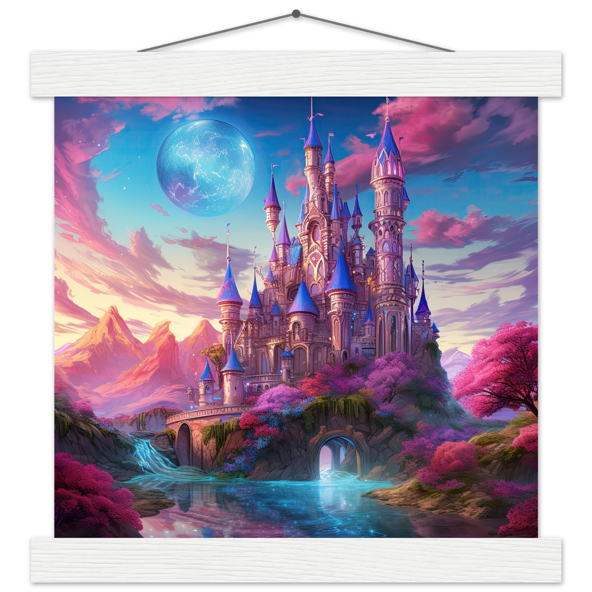 Colorful Fairy Tale Castle Art Print with Hanger – 25×25 cm / 10×10″, White wall hanger