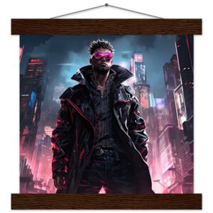 Cool Cyberpunk Dude Art Print with Hanger - 25x25 cm / 10x10″, Dark wood wall hanger