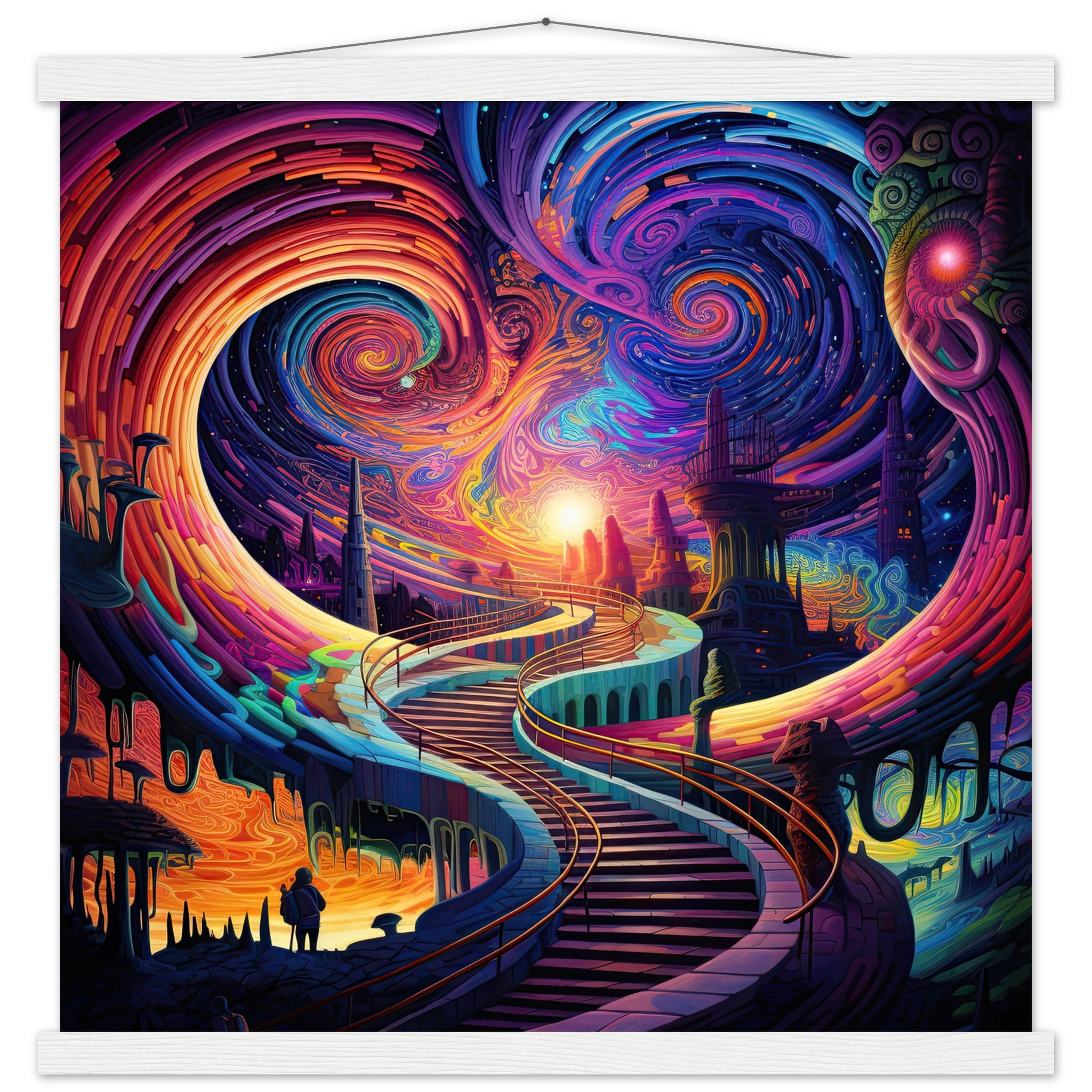 Trippy Colorful Adventure Art Print with Hanger – 50×50 cm / 20×20″, White wall hanger