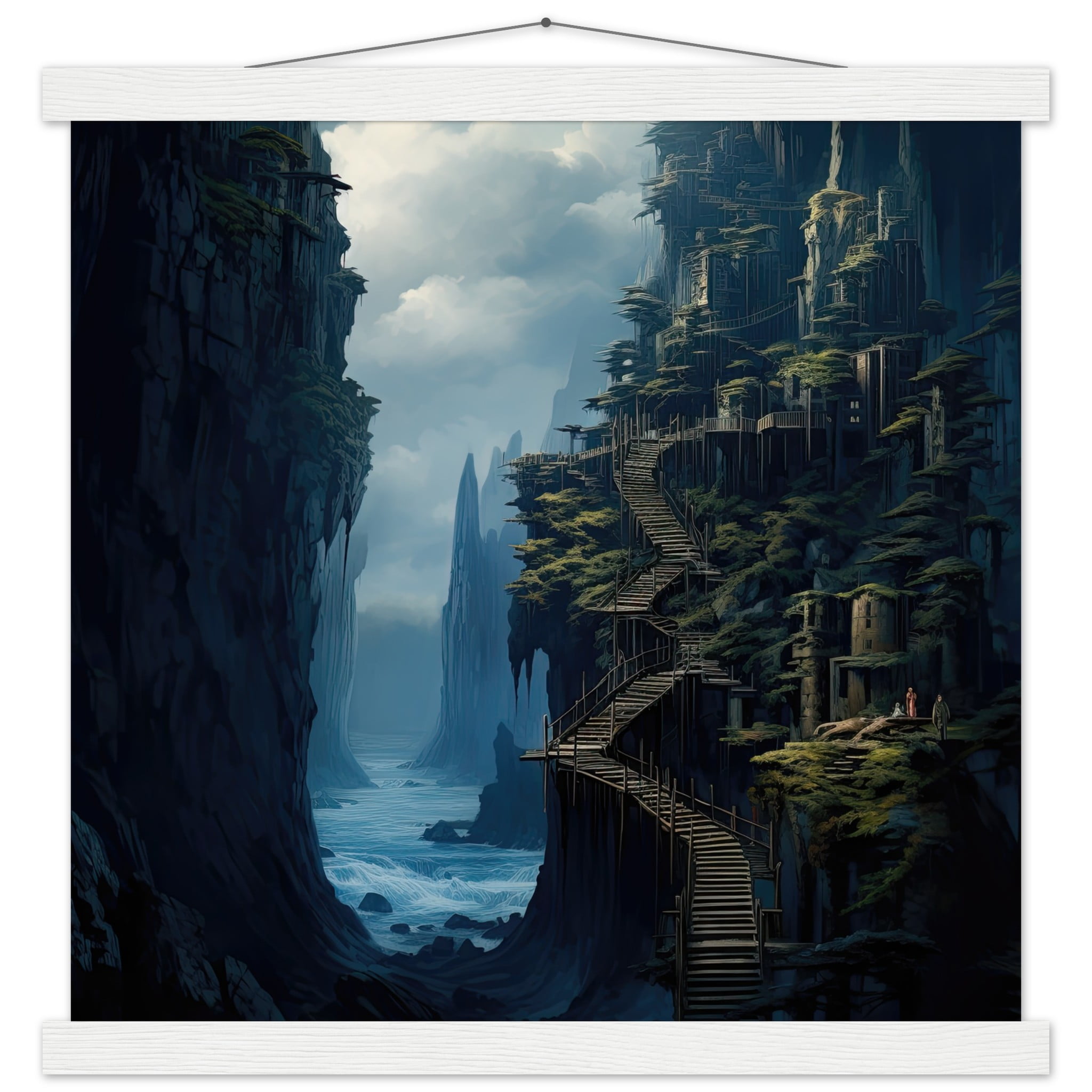Cliffside Kingdom Landscape Art Print with Hanger – 40×40 cm / 16×16″, White wall hanger