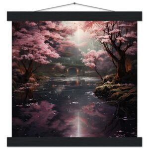 Secret Cherry Blossom Temple Art Print with Hanger - 30x30 cm / 12x12″, Black wall hanger