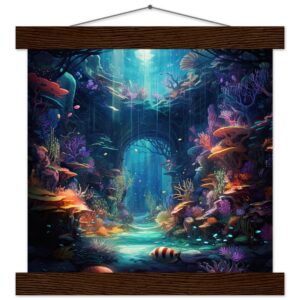 Underwater Paradise Ocean Art Print with Hanger - 25x25 cm / 10x10″, Dark wood wall hanger