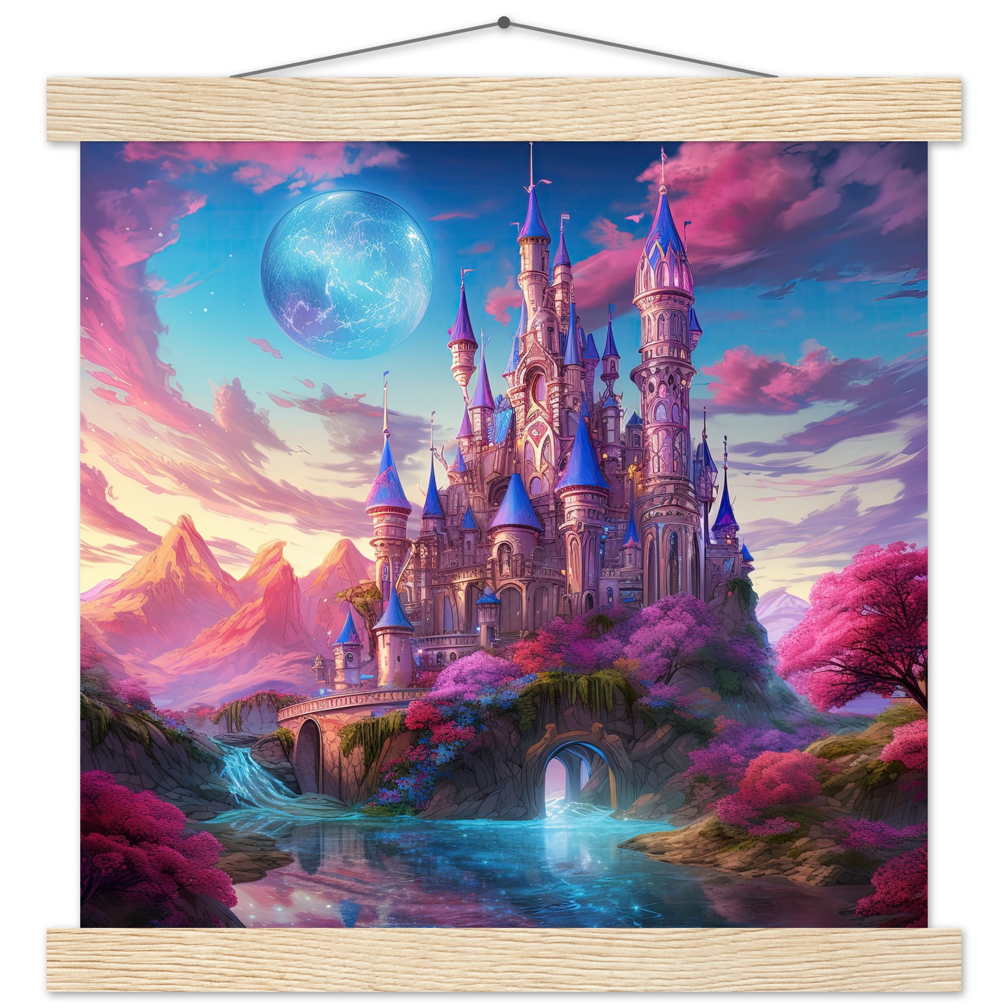 Colorful Fairy Tale Castle Art Print with Hanger – 30×30 cm / 12×12″, Natural wood wall hanger