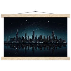 City Skyline Night Constellations Art Print with Hanger - 30x45 cm / 12x18″, Natural wood wall hanger