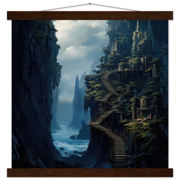 Cliffside Kingdom Landscape Art Print with Hanger - 40x40 cm / 16x16″, Dark wood wall hanger