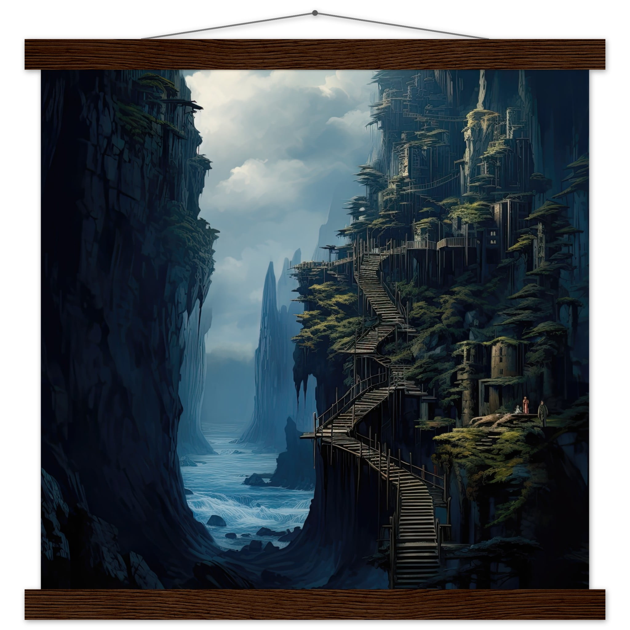 Cliffside Kingdom Landscape Art Print with Hanger – 40×40 cm / 16×16″, Dark wood wall hanger