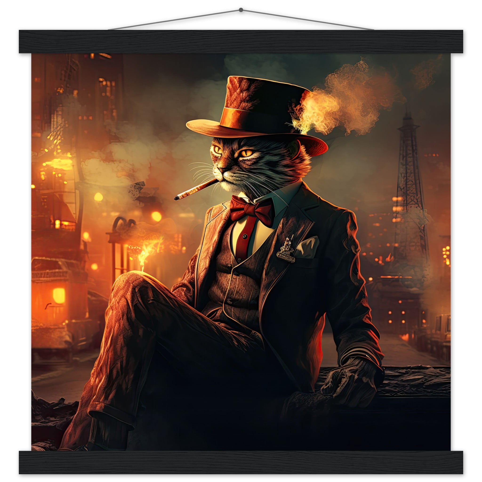 Gangster Cat Cool Art Print with Hanger – 40×40 cm / 16×16″, Black wall hanger