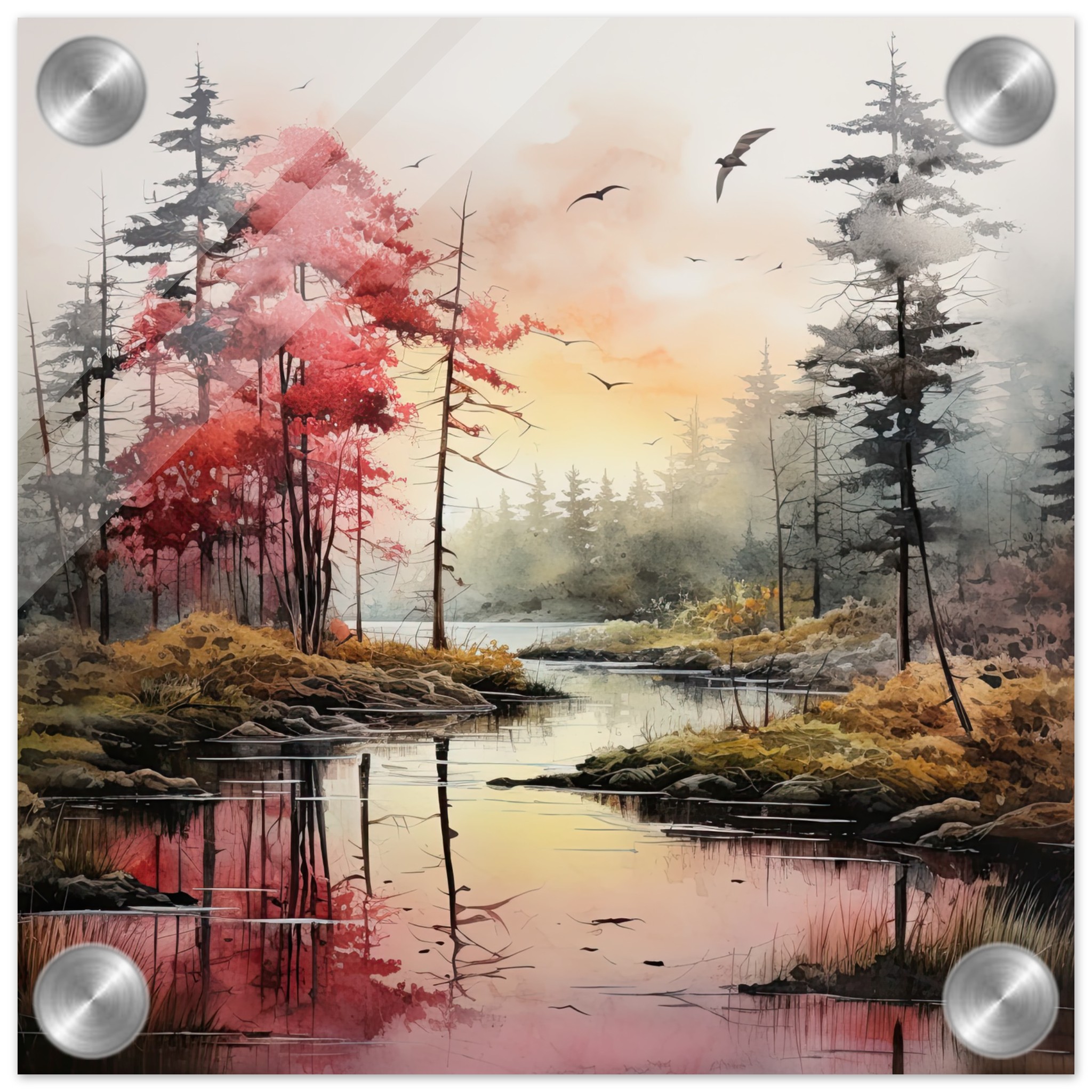 Red Lake Sunset – Watercolor Landscape Acrylic Print – 20×20 cm / 8×8″