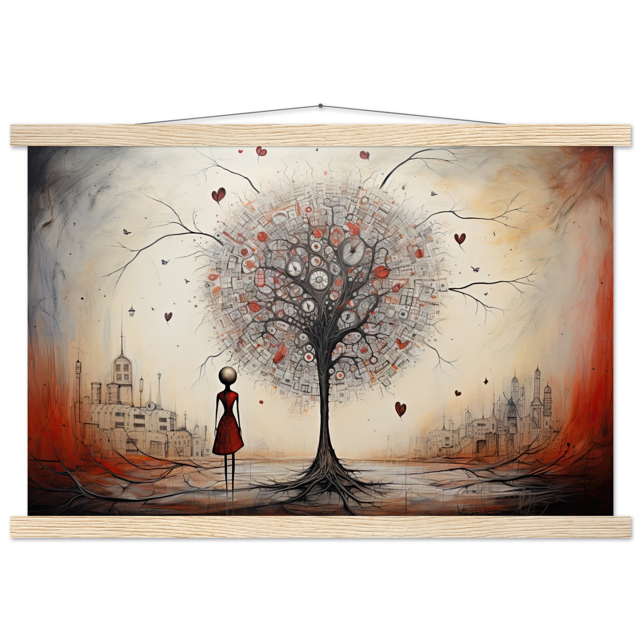 Heart Tree of Desire – Abstract Art Print with Hanger – 40×60 cm / 16×24″, Natural wood wall hanger