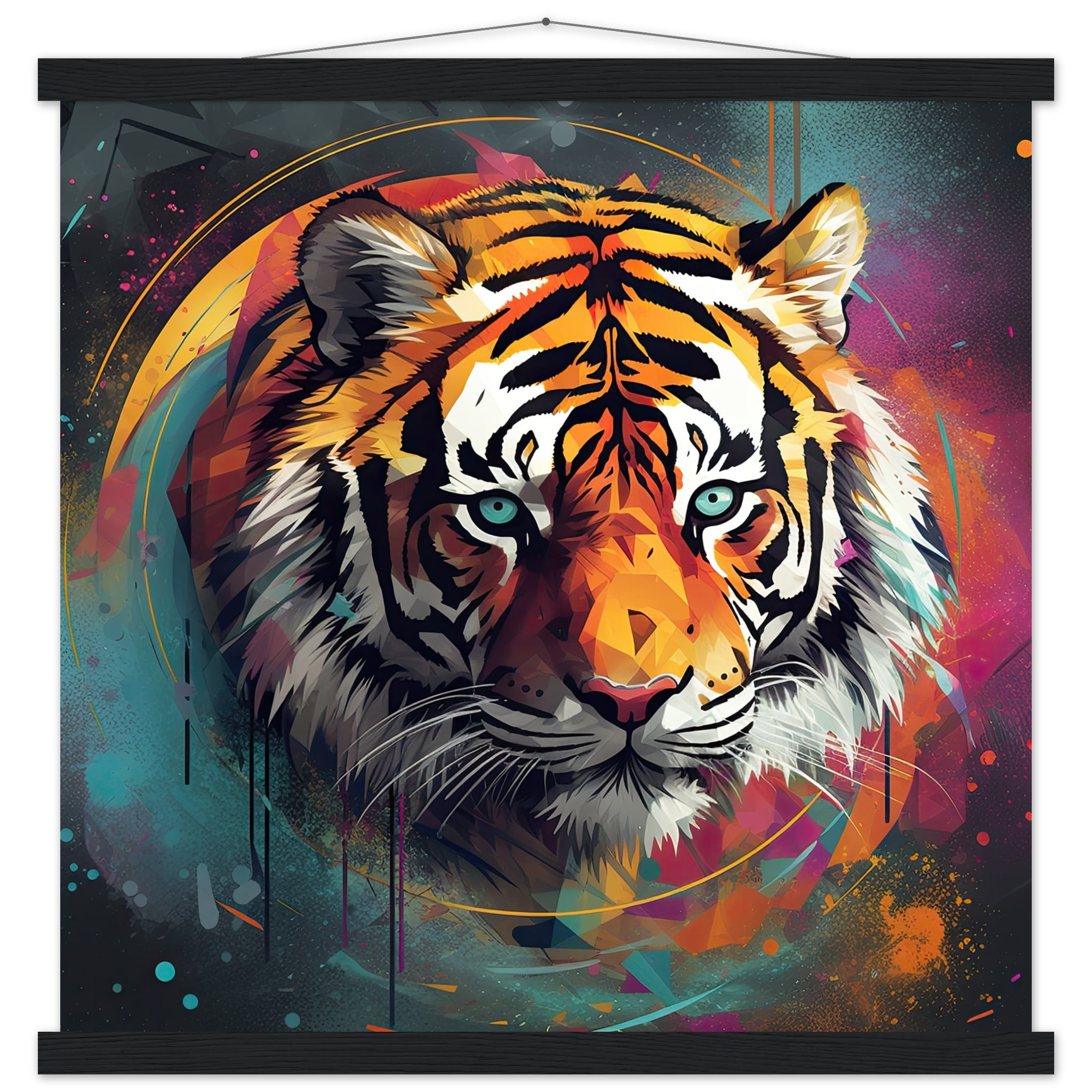 Tiger Colorful Abstract Art Print with Hanger – 50×50 cm / 20×20″, Black wall hanger