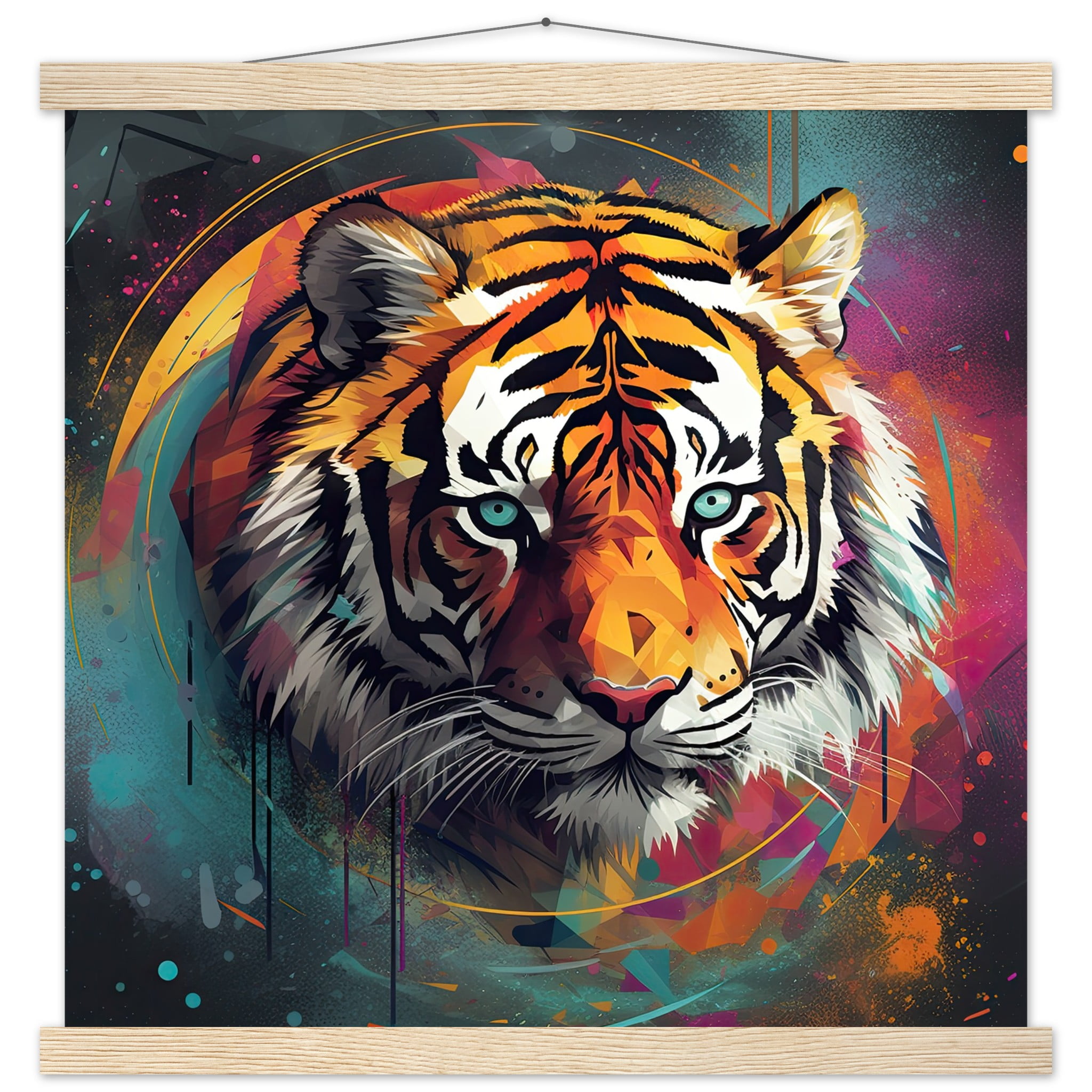 Tiger Colorful Abstract Art Print with Hanger – 45×45 cm / 18×18″, Natural wood wall hanger