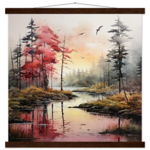 Red Lake Sunset - Watercolor Landscape Print with Hanger - 50x50 cm / 20x20″, Dark wood wall hanger